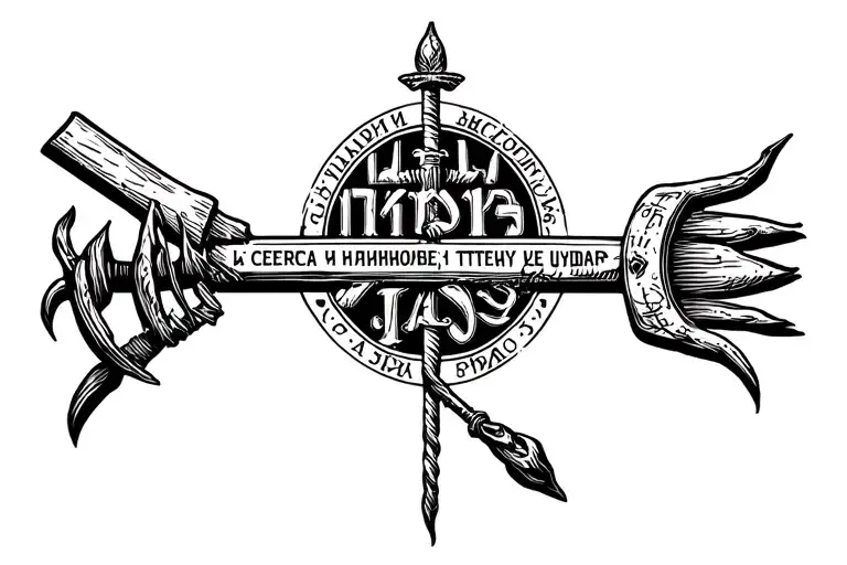 Russian Prison tattoo featuring a harpoon and the text "Из сердца ада я наношу тебе удар." tattoo design idea