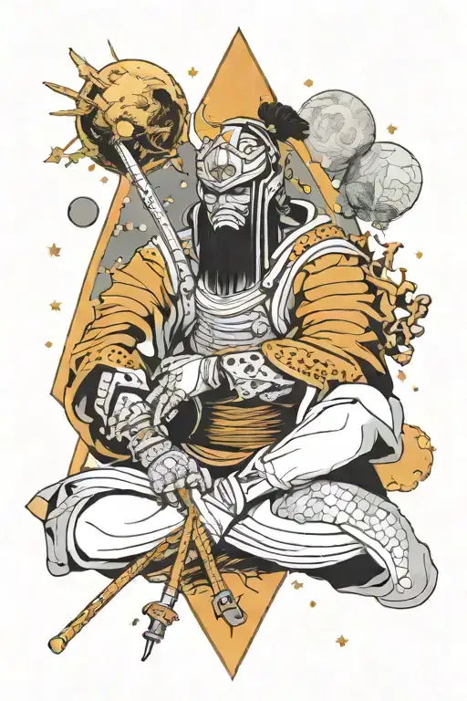 wounded samurai in hanya mask split in half sitting on Jupiter. Stars and planets are on geometric pattern. tattoo design idea