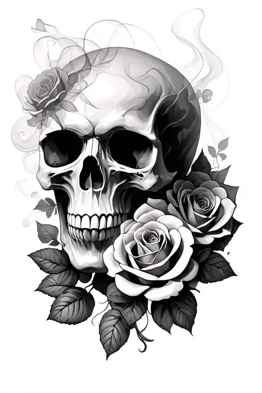 smokey skull and roses tattoo design idea