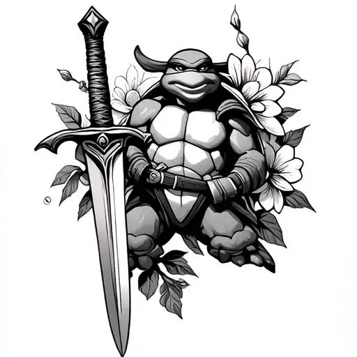 Ninja Turtles Leonardo sword and flowers tattoo design idea