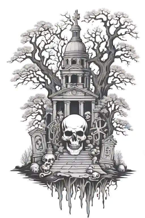 big ghost surrounded by trees, gravestones, skulls, and a large mausoleum tattoo design idea