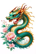 Chinese dragon entire body, with cherry blossoms and peony tattoo design idea