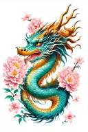 Chinese dragon entire body, with cherry blossoms and peony tattoo design idea