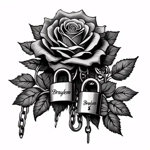 chain and roses with locks with names Braylen Bryson Penelope brynlee tattoo design idea