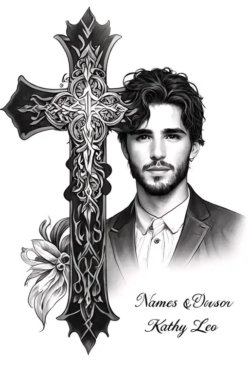 names Kathy and Leo with a cross tattoo design idea