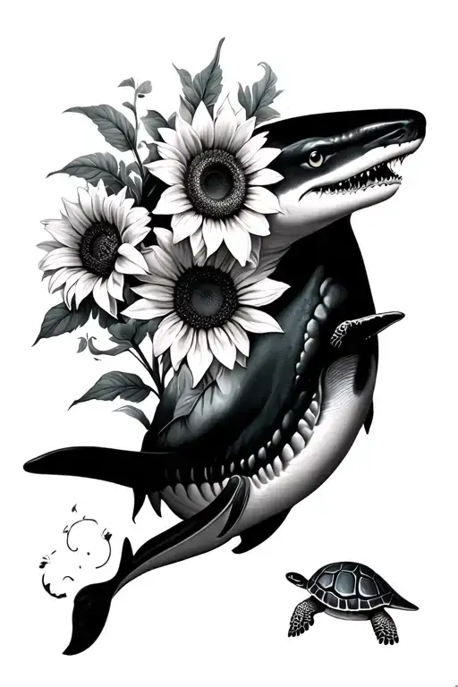 blue whale shark with lilys and sunflowers with turtle  tattoo design idea