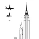 Two towers of the twins New York and an airplane, nothing superfluous in the style of minimalism, two towers and them flying small male and all tattoo design idea