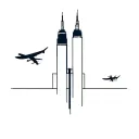 Two towers of the twins New York and an airplane, nothing superfluous in the style of minimalism, two towers and them flying small male and all tattoo design idea