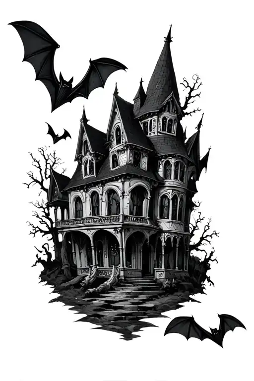 Gothic Bats and haunted house tattoo design idea
