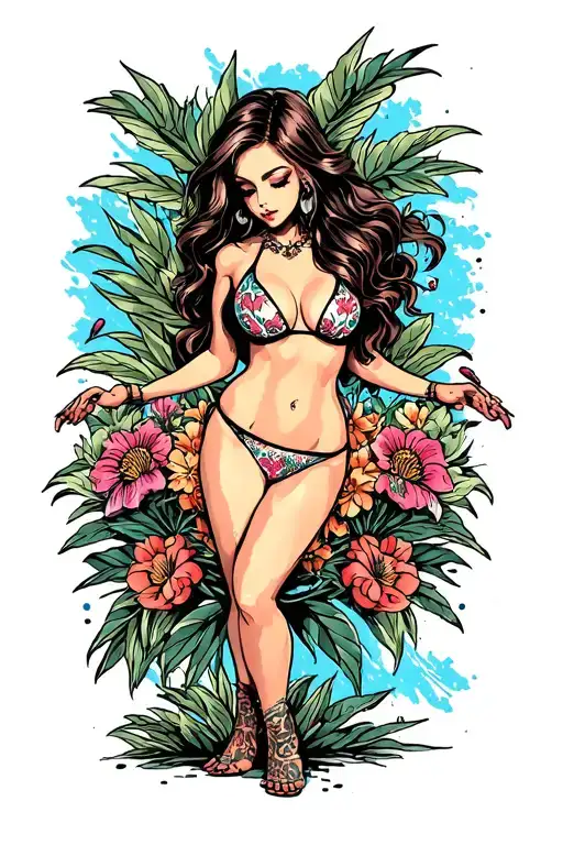 Sexy girl, petite, small boobs, wide hips, bikini . long hair,sexual. Seductive. Full Body, standing with legs and feet tattoo design idea