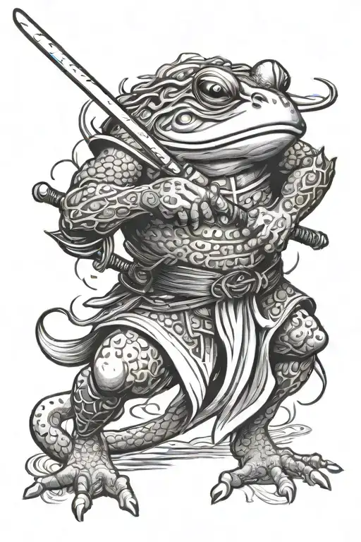 Japanese frog warrior with 2 katana, one on waist and one pulling out, frog in fighting stance facing upwards  tattoo design idea