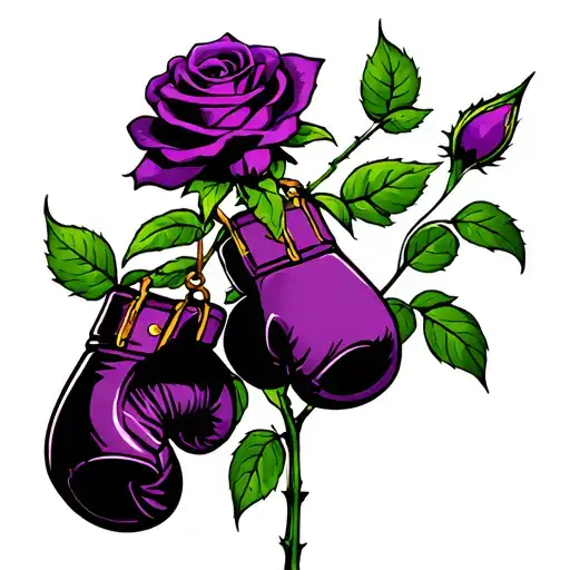 Purple rose with long stem and a pair of boxing gloves hanging from a thorn. tattoo design idea