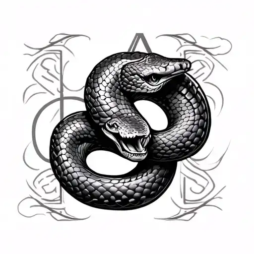 tattoo sketch of the snake in the form of infinity in the background the written title letter A tattoo design idea
