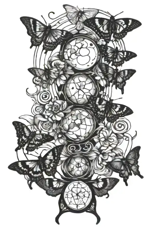 moths flying moon phases intertwined tattoo design idea
