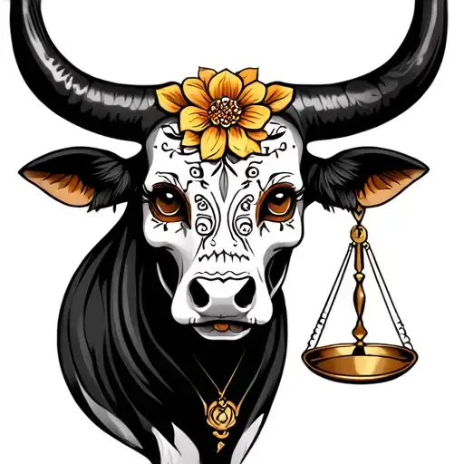feminine bull with sugar skull markings, brown eyes and two Libra scales and dark background tattoo design idea