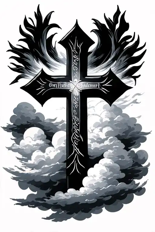 cross with clouds with our father prayer written inside tattoo design idea