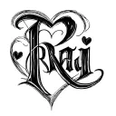 Draw me a raj word tattoo design cursive font but elongate and make it look more elegant with a heart on the R   tattoo design idea