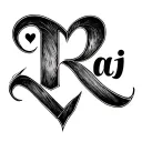 Draw me a raj word tattoo design cursive font but elongate and make it look more elegant with a heart on the R   tattoo design idea