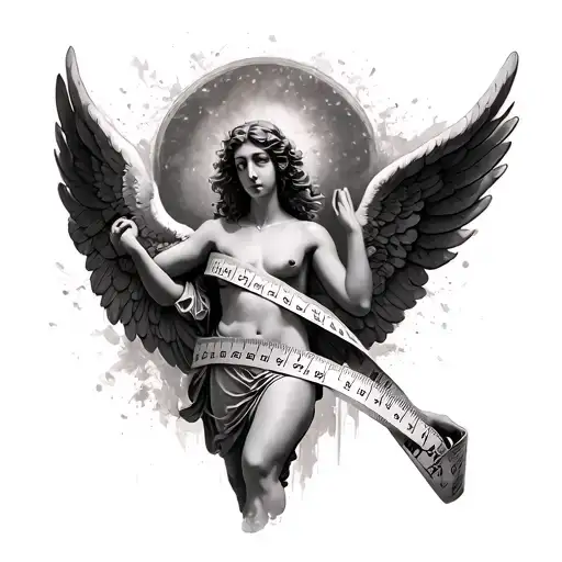 "Gregorio 1970-2025" measuring tape and angel wings tattoo design idea