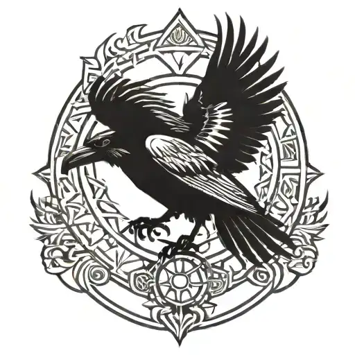 Get black and white tribal sigil tattoos with a raven in front and open wings tattoo design idea