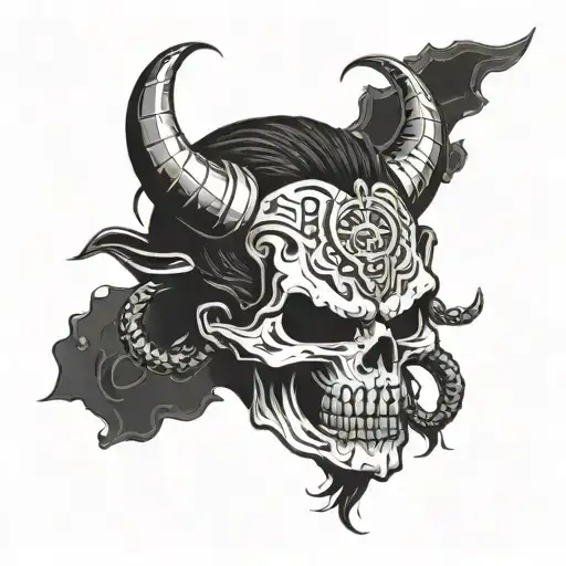 a skull with a japanese oni mask on its forehead and a crack across the eye socket tattoo design idea