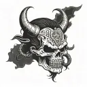 a skull with a japanese oni mask on its forehead and a crack across the eye socket tattoo design idea