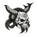 a skull with a japanese oni mask on its forehead and a crack across the eye socket tattoo design idea