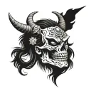 a skull with a japanese oni mask on its forehead and a crack across the eye socket tattoo design idea