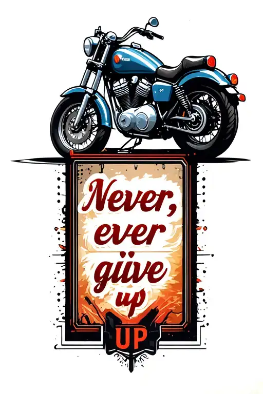 a logo in an upright rectangle frame with a classic motorcycle from the frontview and the text " Never, ever give up "  tattoo design idea