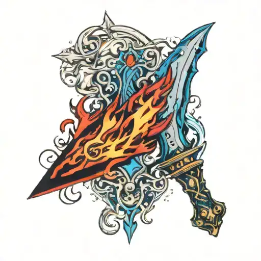 Flame-emitting knife with blue on the right and red on the left tattoo design idea