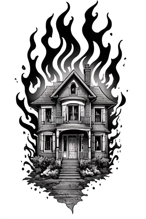 house burning tattoo design idea