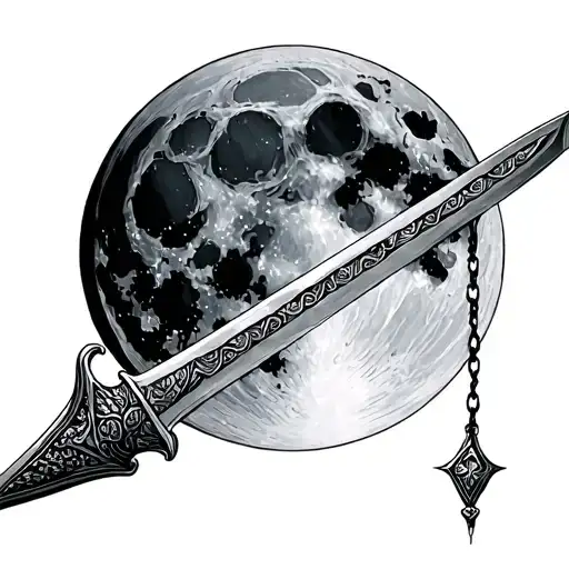 sword held by a string hanging over a full moon tattoo design idea