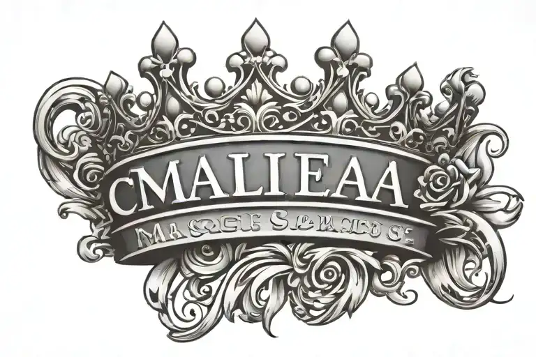 Princess crown on top of the script name: Malia tattoo design idea