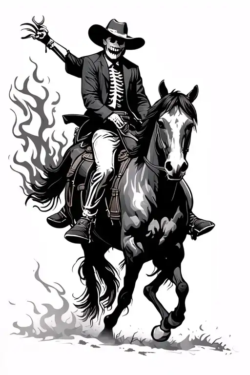 cowboy riding a horse skeleton flames tattoo design idea