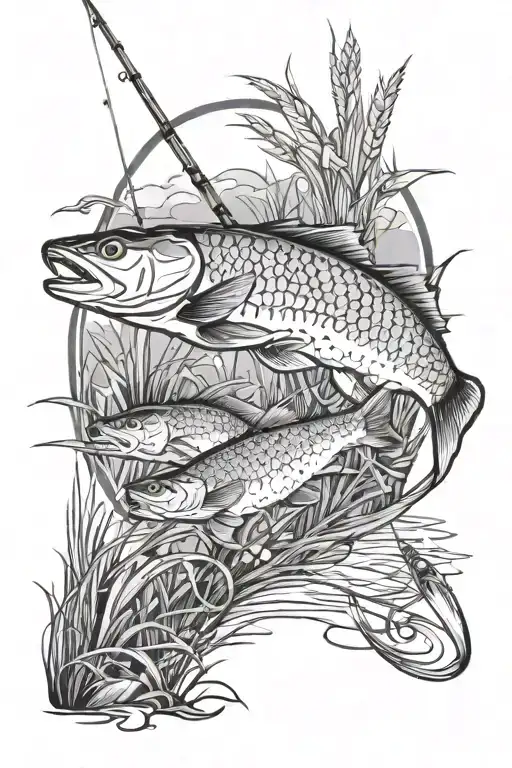 fishing scene surrounded by tall grass  tattoo design idea