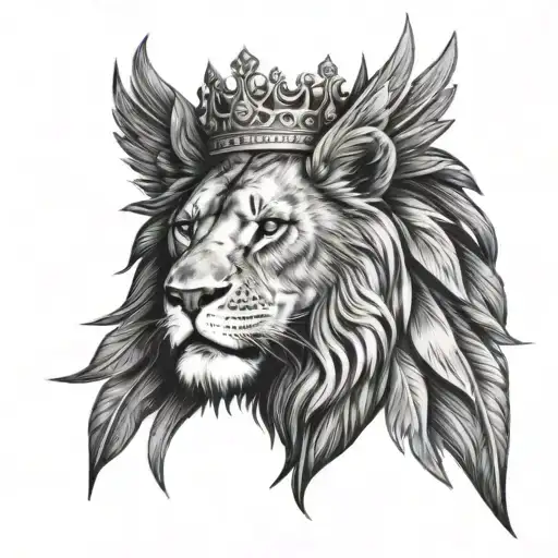 lions head from side view with a crown and wings spread wide tattoo design idea