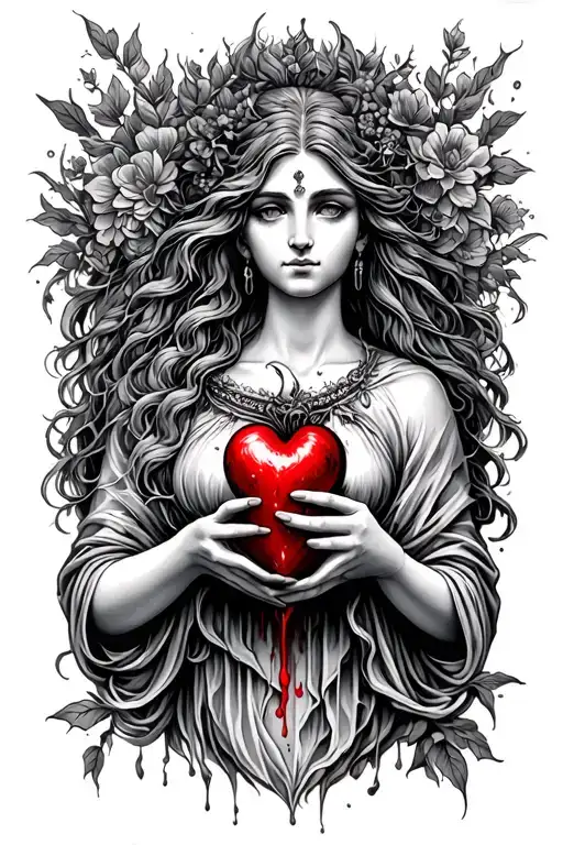 GODDESS HOLDING BLEEDING HEART tattoo design idea
