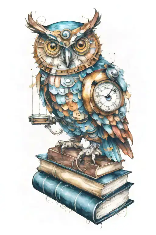 steampunk mechanical owl wearing a monocle perched on books tattoo design idea