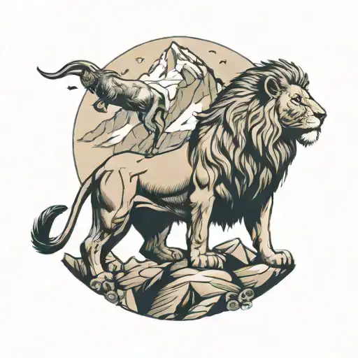 a lion looking up at a mountain where an ibex and a bull stand tattoo design idea