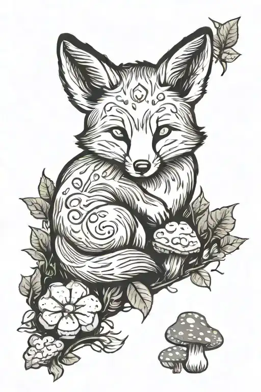 sleeping baby fox surrounded by woods mushrooms animals juniper and moths tattoo design idea