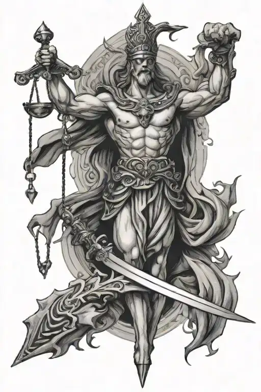 Create a tattoo on a man's left arm, in sketch style, of a scale of justice whose central axis is a sword. tattoo design idea