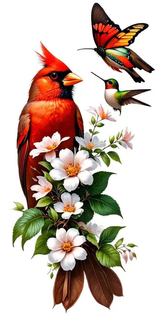 Cardinal looking up, flowers, one butterfly one hummingbird  tattoo design idea