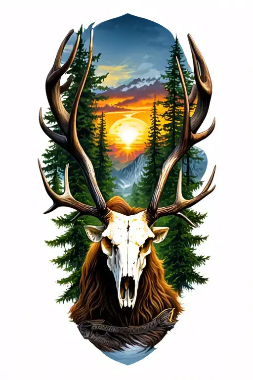 elk skull, forest, clock face, hunting scene, sunset  tattoo design idea