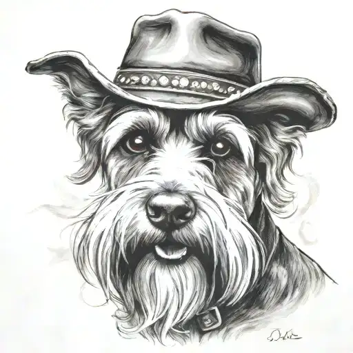 salt and pepper schnauzer with cowboy hat and brown eyes and a collar looking with smoke tattoo design idea