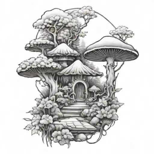 Japanese garden and mushrooms tattoo design idea