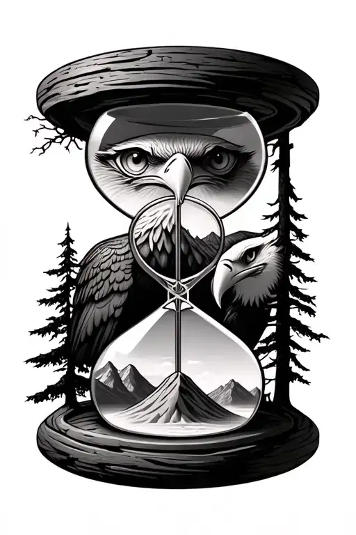 eagle eyes behind trees with hour glass with sand and mountain on background and a peace in black, grey  tattoo design idea