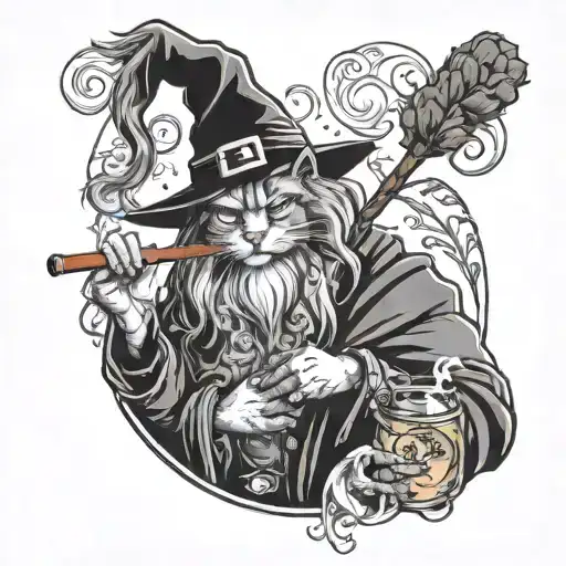 a wizard smoking weed the smoke forms a Maine coon cat his staff rests on his shoulder in his other hand he holds a can  tattoo design idea