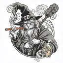a wizard smoking weed the smoke forms a Maine coon cat his staff rests on his shoulder in his other hand he holds a can  tattoo design idea