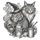 a wizard smoking weed the smoke forms a Maine coon cat his staff rests on his shoulder in his other hand he holds a can  tattoo design idea