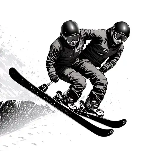 skier and snowboarder jumping off cliff together symbolizing tattoo design idea